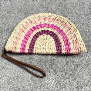 Straw Half Moon Wallet Handbag Women's Key Ring Wristlet Cell Phone Pouch Boho